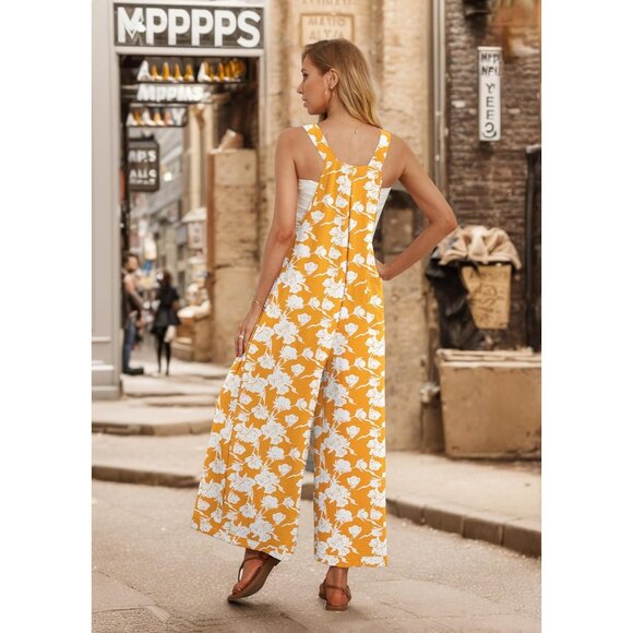 Women's Jumpsuits Boho Wide Leg Rompers with Pockets - Yellow Peony - Picture 4 of 5